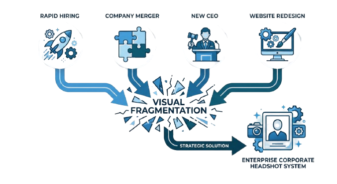 Diagram showing rapid hiring, mergers, website redesign and visual fragmentation