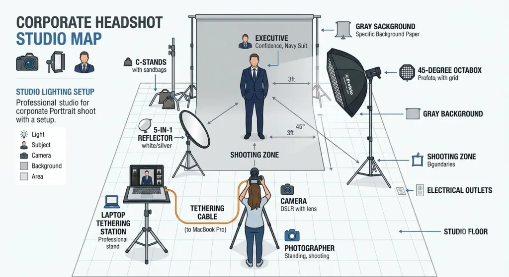 Professional lighting setup diagram for corporate headshot photography
