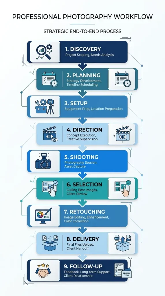 Nine phase enterprise corporate headshot workflow diagram