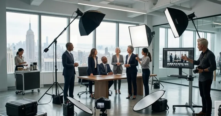 Corporate team in NYC receiving professional headshots during an on-site photography session with studio lighting setup in office environment