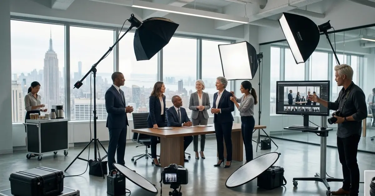 Corporate team in NYC receiving professional headshots during an on-site photography session with studio lighting setup in office environment