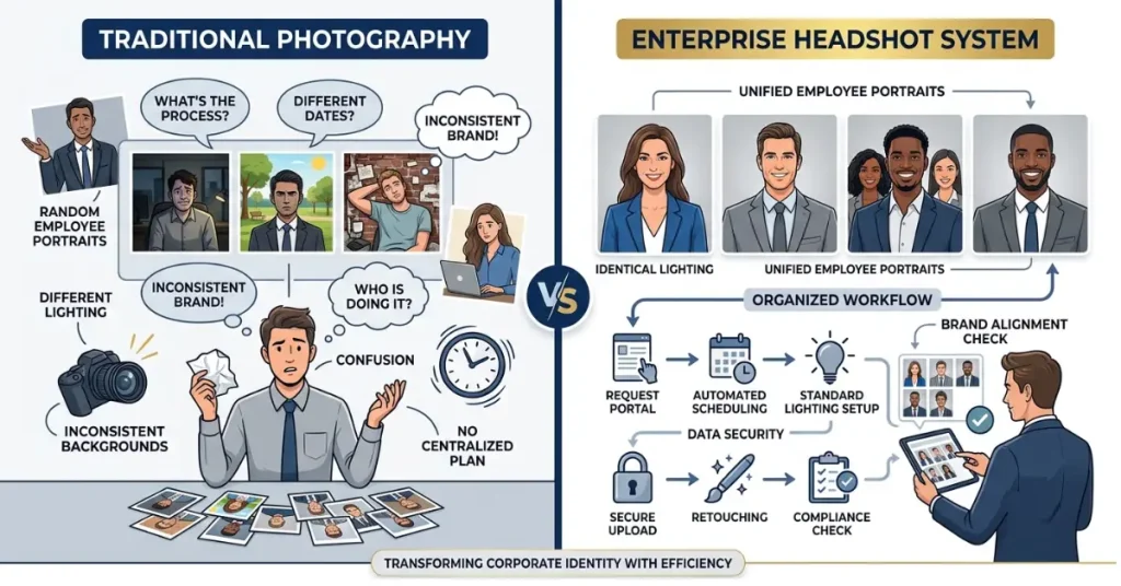 Side by side comparison between random photography workflow and structured enterprise system
