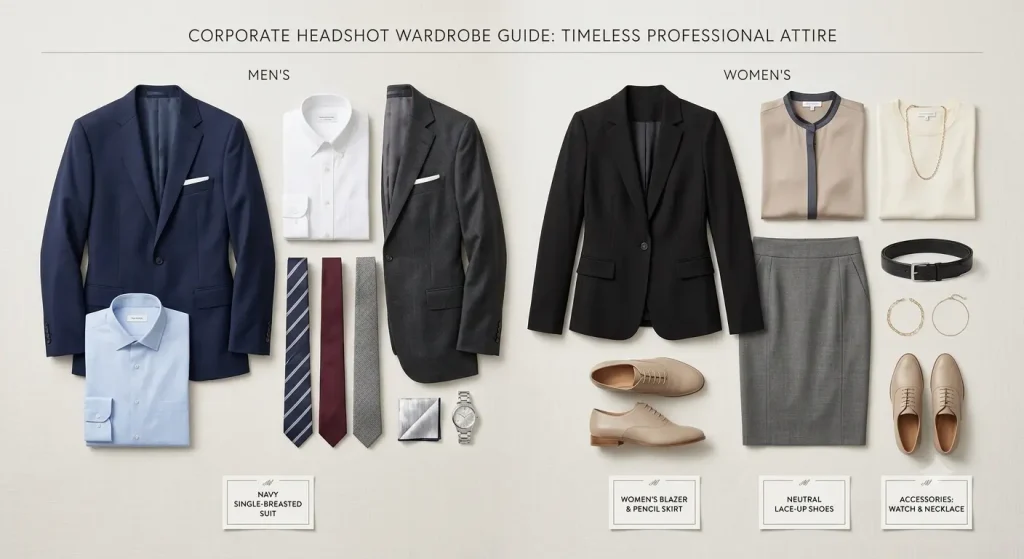 Professional clothing examples for corporate headshots in NYC showing business attire options for men and women
