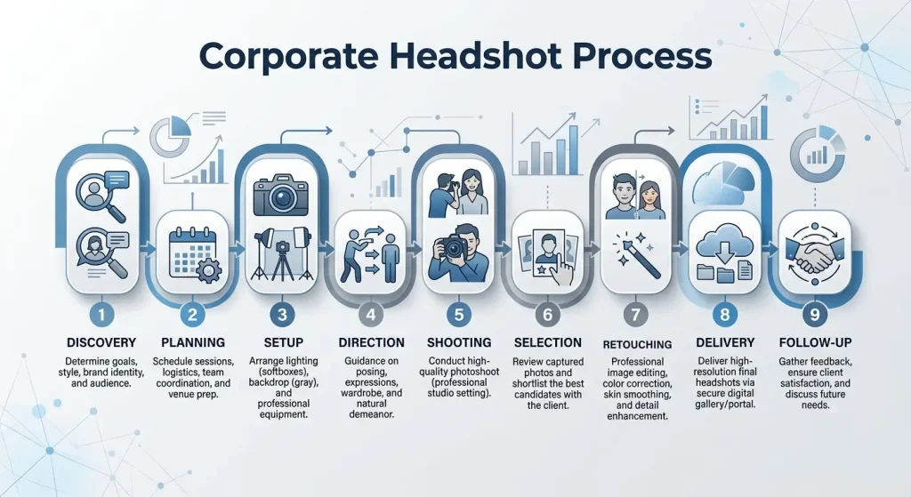 Step-by-step visual diagram showing corporate headshot photography workflow from setup to delivery